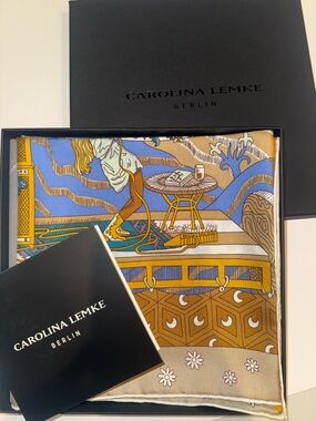 NEW Carolina Lemke Golden Dunes Silk Scarf Hand Rolled Edges Graphic Statement